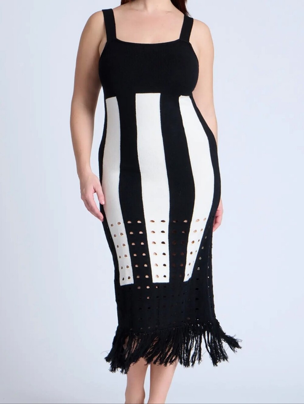 Eloquii Black & White Striped Fringed Midi Dress
